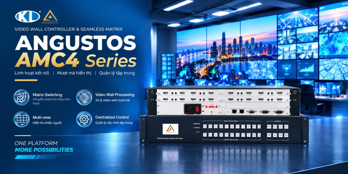 Banner giới thiệu dòng thiết bị điều khiển Video Wall và Seamless Matrix Angustos AMC4 Series tích hợp các tính năng chuyển mạch linh hoạt và xử lý mượt mà.