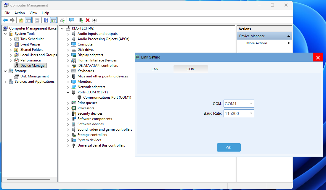 Giao diện Link Setting cấu hình cổng COM1 và Baud Rate 115200 kết hợp Device Manager trên Windows cho phần mềm Video Wall Matrix.