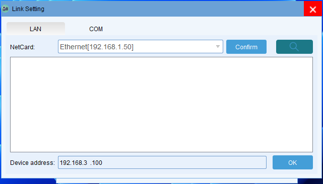 Giao diện Link Setting tab LAN cấu hình card mạng Ethernet và địa chỉ IP Device address cho hệ thống Video Wall Matrix.