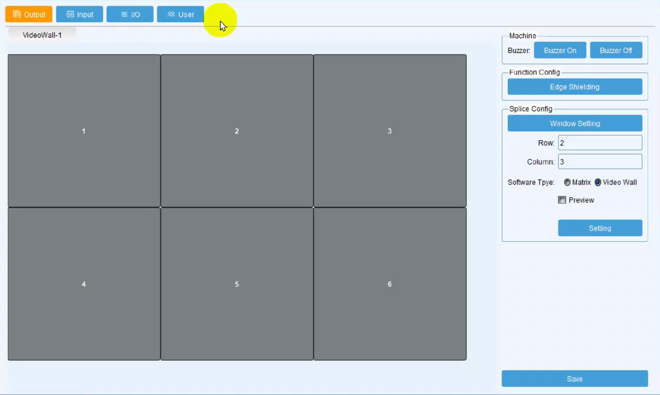Giao diện tab Output thiết lập cấu hình Splice Config chia lưới màn hình 2 hàng 3 cột trên phần mềm Video Wall Matrix.