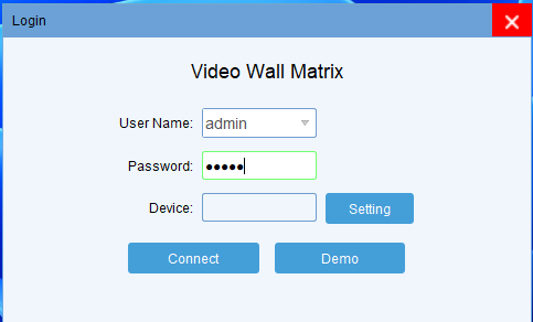 Giao diện hộp thoại Login đăng nhập phần mềm quản lý Video Wall Matrix hiển thị các trường nhập User Name, Password và Device.