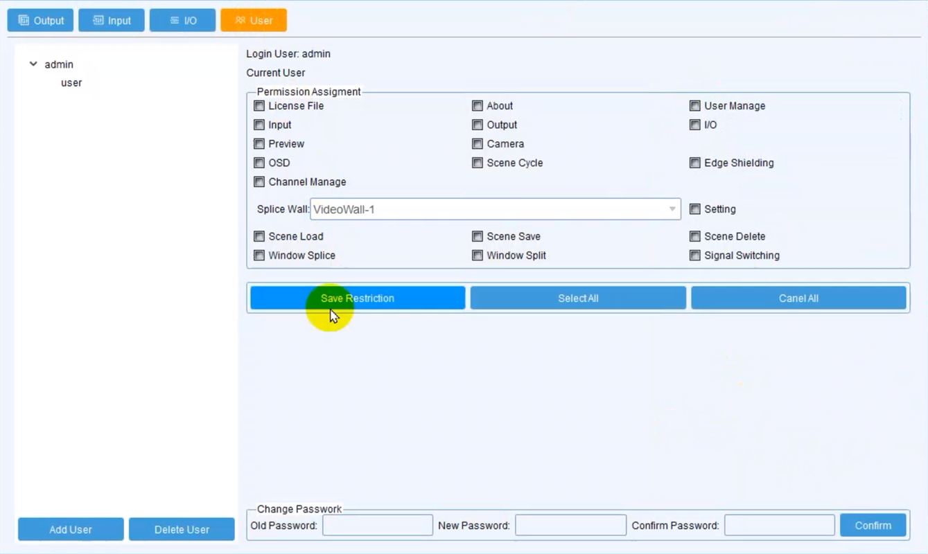 Giao diện tab User quản lý phân quyền Permission Assignment và đổi mật khẩu trên phần mềm Video Wall Matrix.