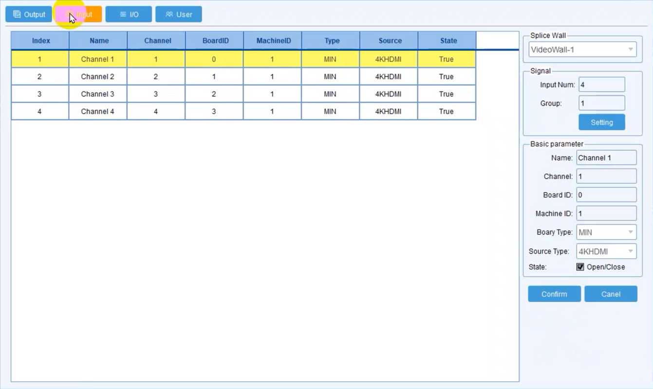 Giao diện tab Input quản lý danh sách kênh tín hiệu đầu vào Channel 1 đến 4 với nguồn 4KHDMI trên phần mềm Video Wall Matrix.