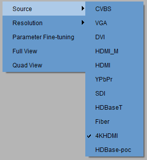 Giao diện menu chuột phải chọn nguồn tín hiệu Source trên phần mềm Video Wall Matrix với tùy chọn 4KHDMI đang được chọn.