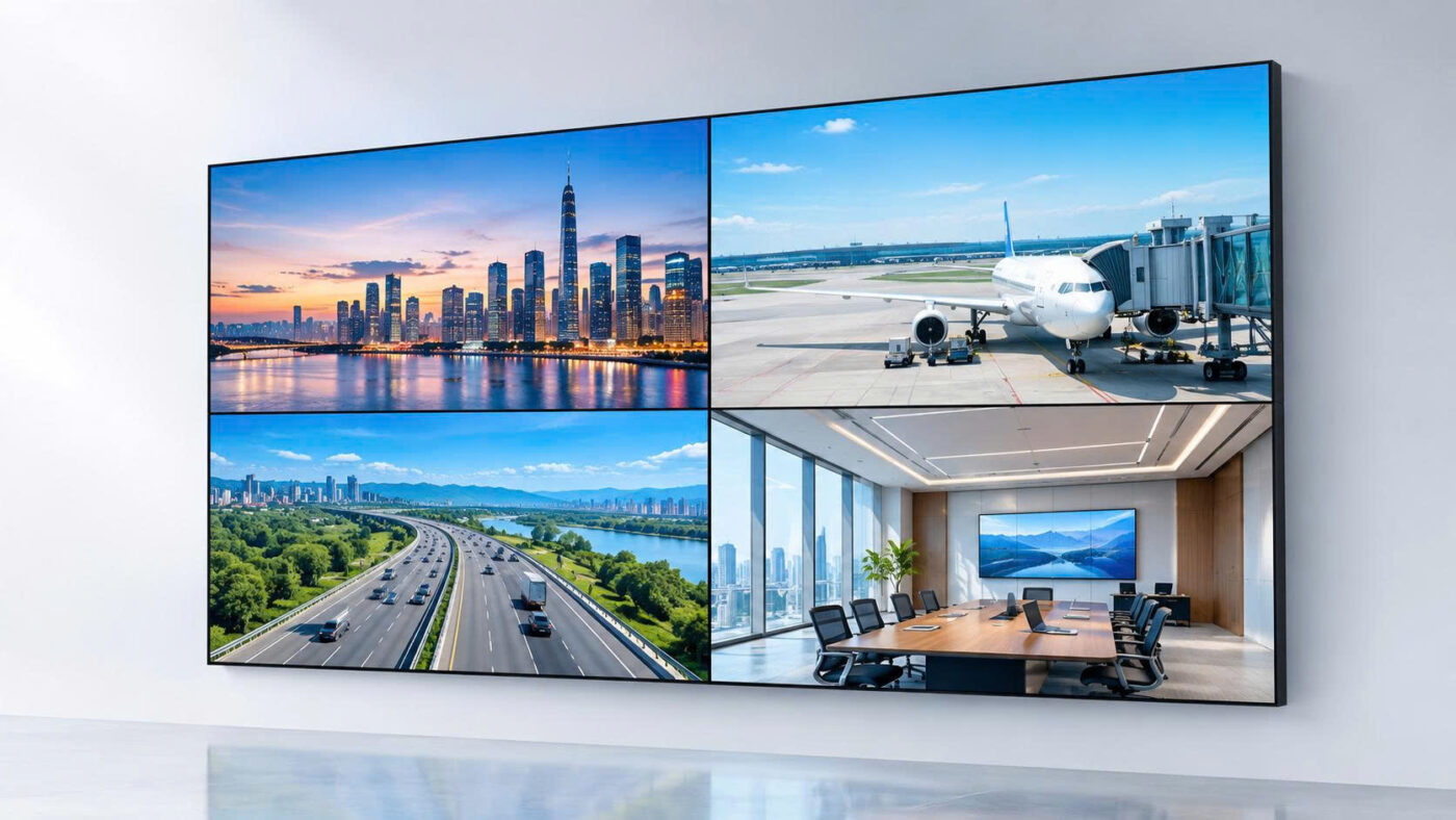 Hình ảnh hệ thống màn hình ghép Video Wall cấu hình 2x2 đang hiển thị 4 nguồn nội dung khác nhau bao gồm cảnh thành phố, sân bay, đường cao tốc và phòng họp.
